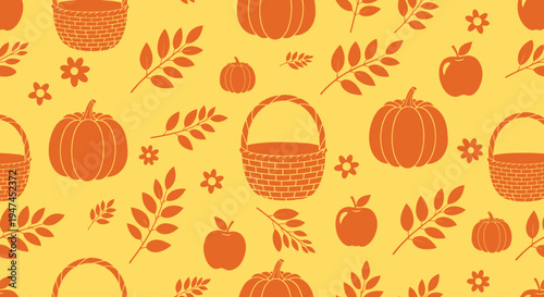 Flat Autumn Harvest Seamless Pattern: Pumpkins, Apples, Baskets, Leaves Vector Art