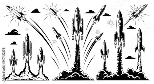 Black and White Retro Line Art Space Exploration Rocket Launch Vector Set