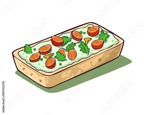 Traditional vegetable focaccia with olive oil and aromatic herbs for healthy Mediterranean snack and bakery marketing - Vector Illustration