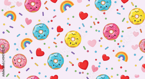 Cute Cartoon Food Donut Seamless Pattern with Happy Faces, Sprinkles, Hearts, Rainbows