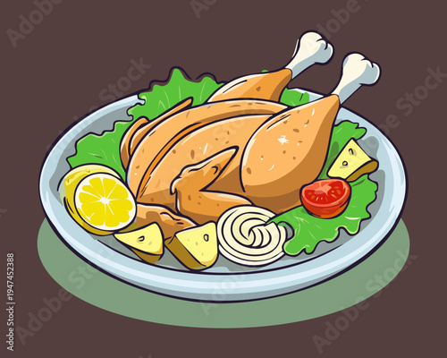 Rotisserie style whole chicken with fresh vegetables and greens on a dark platter for gourmet catering services - Vector Illustration