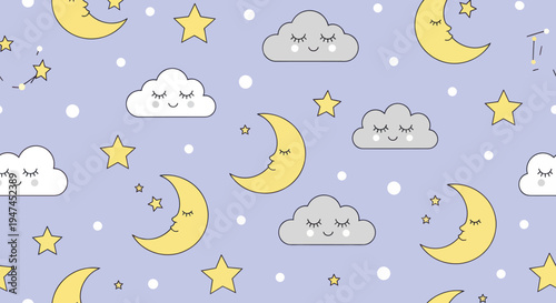 Cute Cartoon Flat Illustration Pattern for Children's Nursery with Sleeping Moons, Clouds, Stars