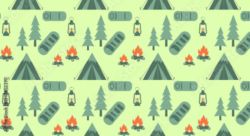 Camping Outdoor Adventure Flat Design Seamless Pattern with Tents, Campfires, Sleeping Bags, Lanterns, Trees
