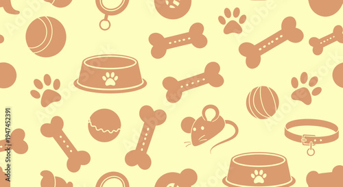 Pet Care Industry Flat Vector Seamless Pattern with Dog Bones, Balls, Bowls, and Cat Toys