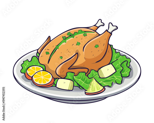 Oven roasted whole chicken with lemon and herb garnish on a white plate for traditional Sunday roast dinner - Vector Illustration