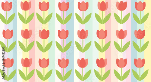Flat Vector Tulip Floral Pattern with Pastel Vertical Stripes for Spring Background Design