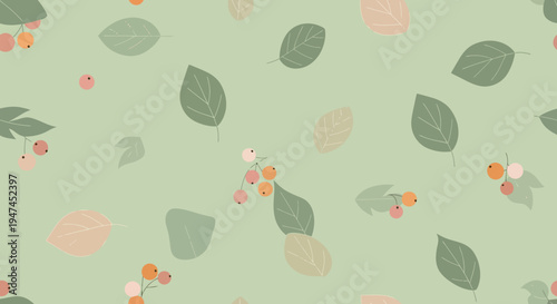 Nature Botanical Flat Design Seamless Pattern with Autumn Leaves  Berries. Vector Illustration.
