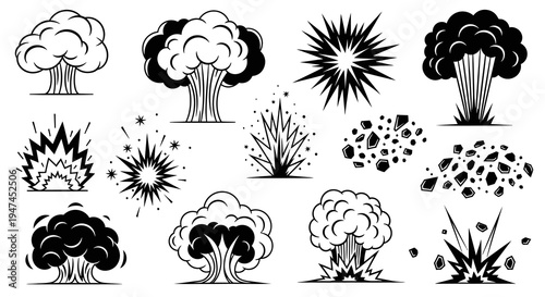 Comic Book Style Explosions Black  White Line Art Icons. Nuclear Blast, Impact, Debris Set