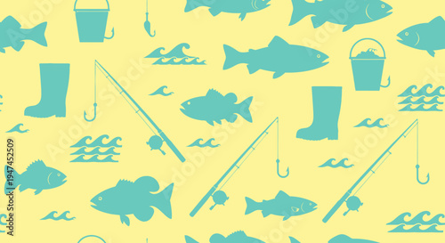 Seamless Flat Fishing Pattern with Fish, Rods, and Boots for Outdoor Hobbies
