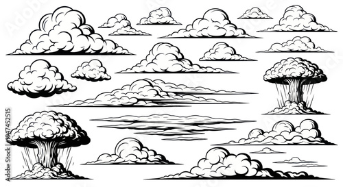 Black and White Line Art Clouds Collection: Nature, Weather, and Mushroom Cloud Illustrations