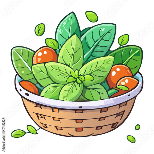 Garden salad basket with ripe tomatoes and aromatic herbs for natural farm to table restaurant and market - Vector Illustration