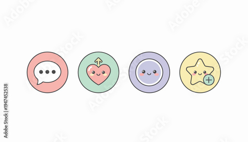 A collection of four cute, pastel-colored circular icons featuring whimsical illustrations of a speech bubble, a heart with an upward arrow, a simple circle, and a star with a plus sign.
