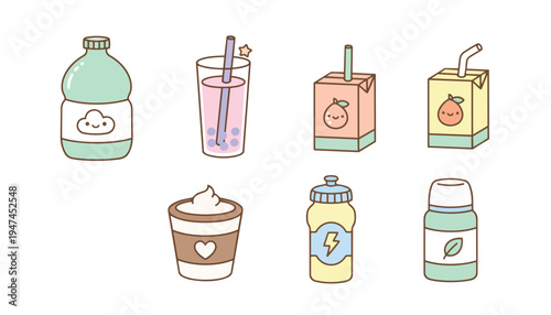 A collection of cute, kawaii-style illustrated beverages including a large bottle, a bubble tea, juice boxes, a coffee cup, a sports drink, and a thermos.