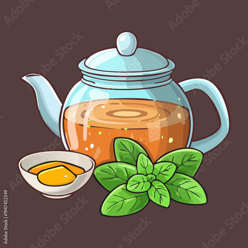 Herbal tea in a glass teapot with honey and fresh mint for natural wellness and healthy morning ritual - Vector Illustration