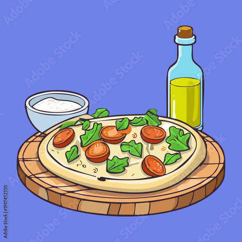 Whole wheat pizza with fresh tomatoes and olive oil on a wooden board for healthy Italian dining - Vector Illustration