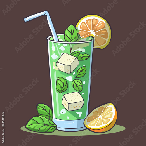 Iced mint tea with citrus wedges and fresh leaves in a tall glass for healthy summer beverage marketing - Vector Illustration