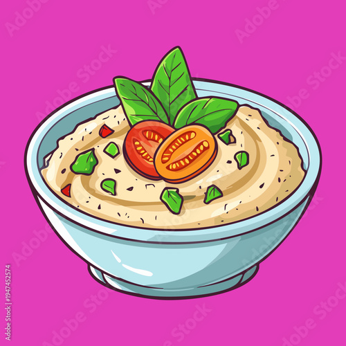 Creamy hummus dip with olive oil and tomato garnish in a pink bowl for trendy Mediterranean appetizer menu - Vector Illustration