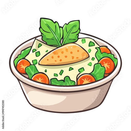 Mashed potato bowl with vegetable pieces and fresh parsley for healthy side dish and comfort food recipes - Vector Illustration