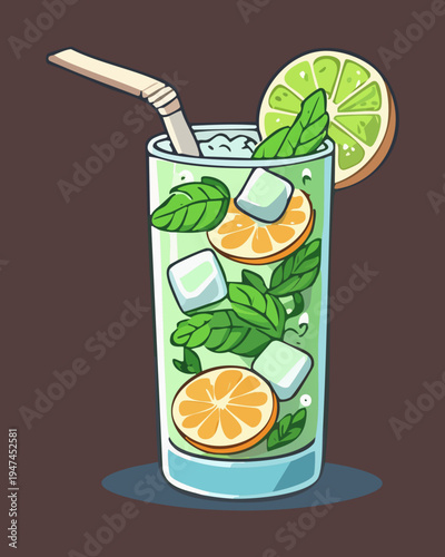 Chilled mint mojito with lime and lemon slices in a glass for summer cocktail party and bar menu - Vector Illustration