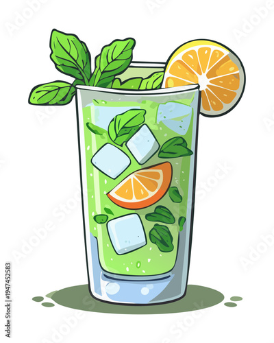 Refreshing lime mint cocktail with ice and citrus garnish in a tall glass for summer bar menu design - Vector Illustration