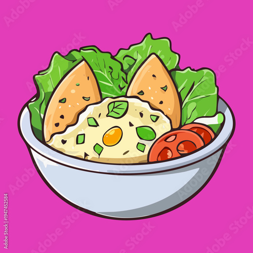 Creamy hummus bowl with vegetable sticks and herb garnish for healthy vegan snack and Mediterranean appetizer menu - Vector Illustration