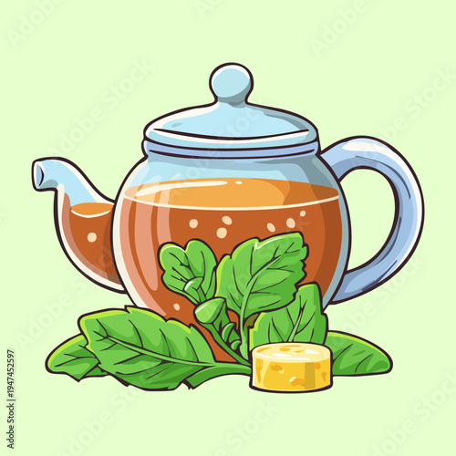Natural green tea with lemon slices and mint leaves in a glass teapot for healthy detox drink graphics - Vector Illustration