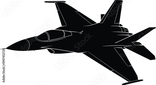 Modern fighter jet aircraft silhouette, military combat airplane vector illustration, supersonic warplane aviation technology isolated black design