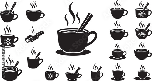 Black and white coffee cups with steam rising