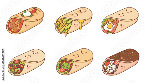 Six adorable kawaii-style burritos, each filled with different delicious ingredients, presented in a grid.