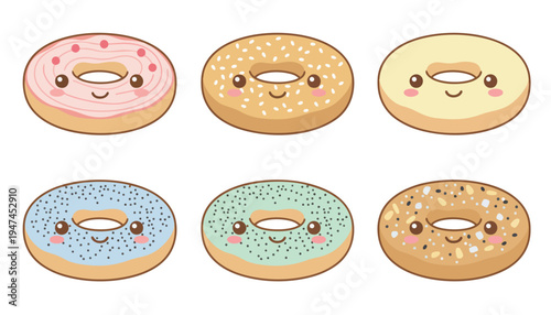 Six adorable kawaii-style donuts with cute smiling faces and colorful icing, arranged in two rows.
