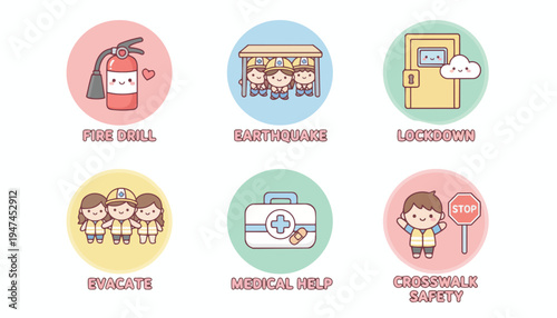 Cute Kawaii Illustrations Depicting Various Safety Drills and Emergency Preparedness Scenarios for Children.