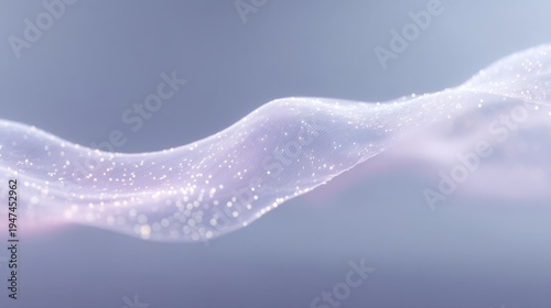 Ethereal flowing wave with delicate particles shimmering against a soft gradient background in pastel colors