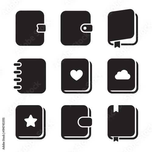 Collection of black minimalist glyph icons representing notebooks diaries and journals.