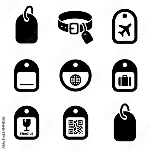 Vector icon set of various identification tags for luggage and pets.