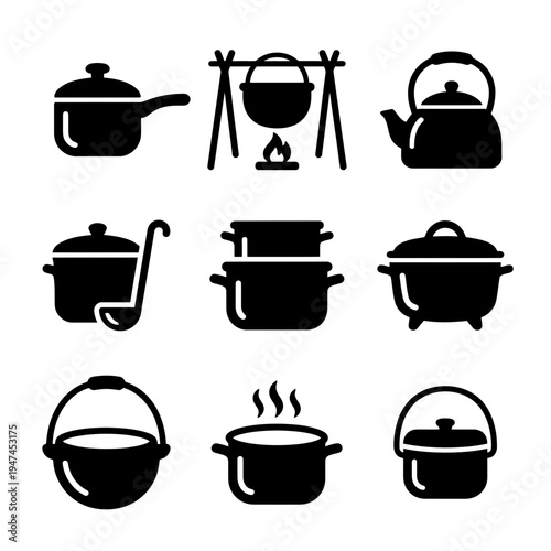 Cooking pots and kettles silhouette icon set for kitchen and camping.