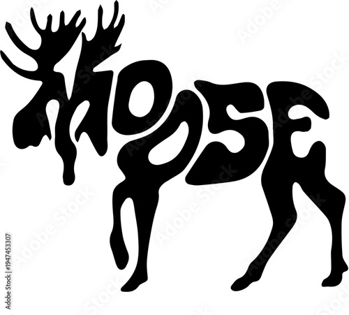 Creative moose silhouette typography design with negative space text forming the shape isolated on white background