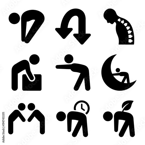 Simple graphic icons representing back health posture and physical therapy.