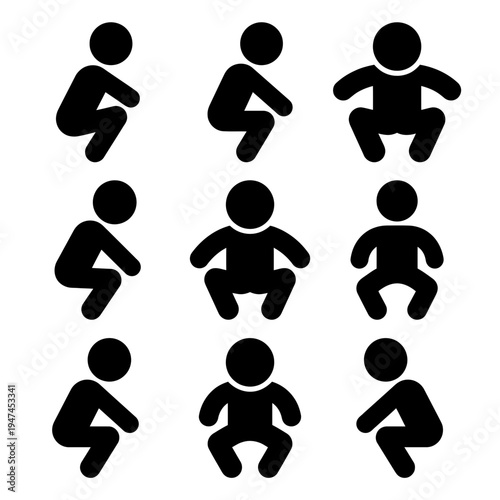 Set of black human figure icons in a squatting position.