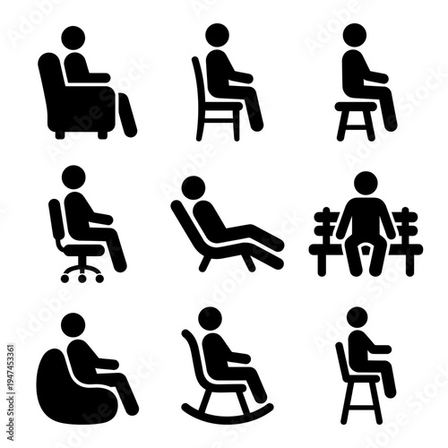 Set of black silhouette icons showing people sitting on various types of chairs and seats.