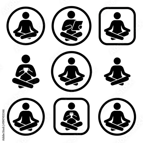 Set of black and white icons showing people meditating in lotus pose with modern technology.
