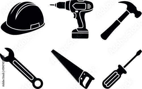 Construction tools and industrial equipment set, carpentry repair icons vector for home renovation design projects