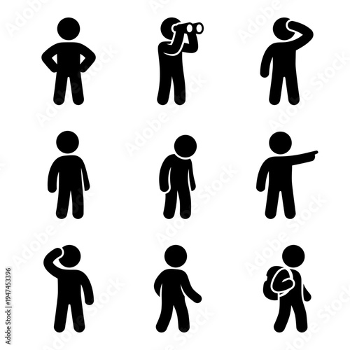 Set of human stick figure icons showing various poses and actions like searching and pointing.