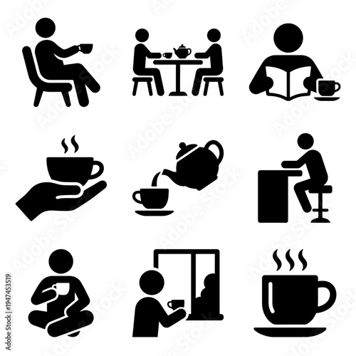 Coffee break and tea time silhouette icons collection on white background.