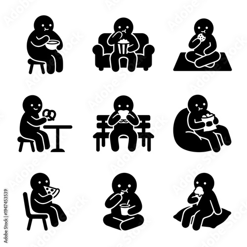 Set of black and white icons depicting a person with an unhealthy eating lifestyle and sedentary behavior.