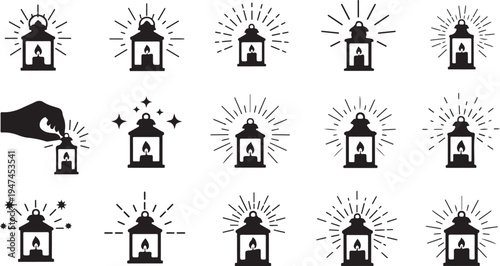 Black and white lantern icons with hand