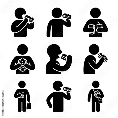 A collection of stick figure icons depicting people eating fast food.