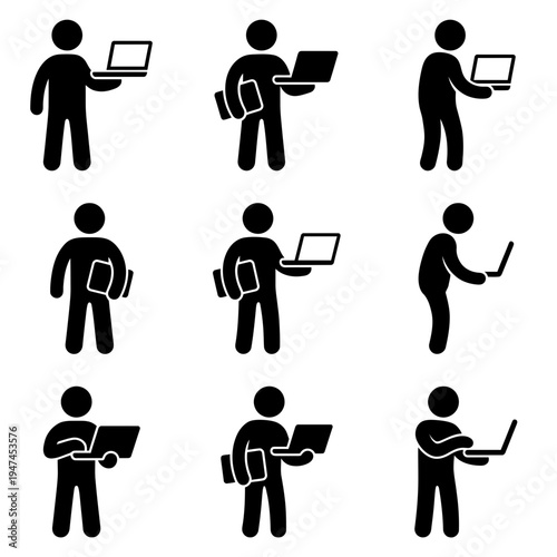 Man holding laptop computer and book stick figure pictogram icon set.