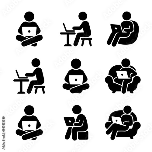 Set of stick figure pictograms showing people using laptops in various poses and settings.