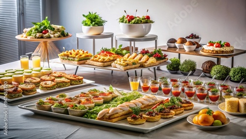 A realistic photo of Elegant catering buffet table with delicious sandwiches canapes and appetizers for celebration event
