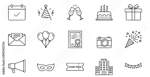 A set of black and white line art icons for party and celebration themes